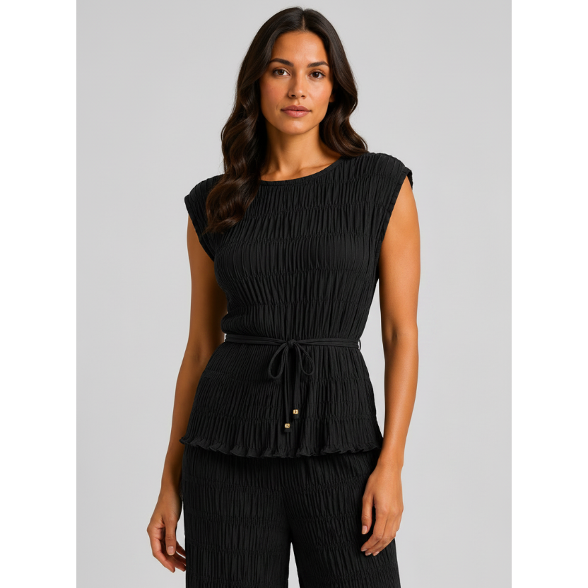 Made in Italy luxury textured two-piece lounge set with pleated crinkle fabric, sleeveless top and wide-leg trousers.