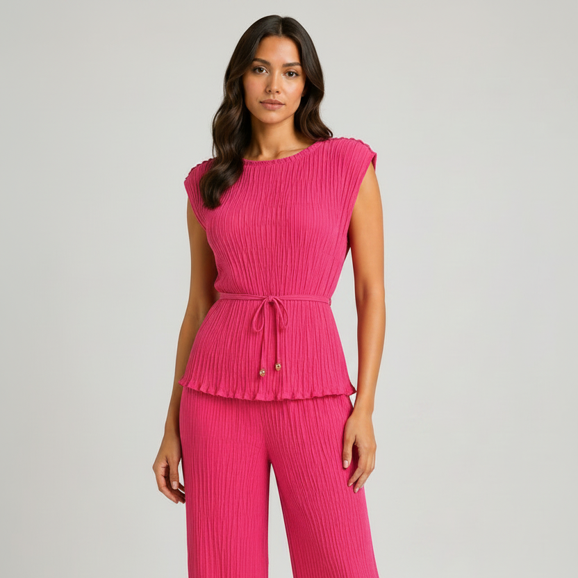 Made in Italy luxury textured two-piece lounge set with pleated crinkle fabric, sleeveless top and wide-leg trousers.