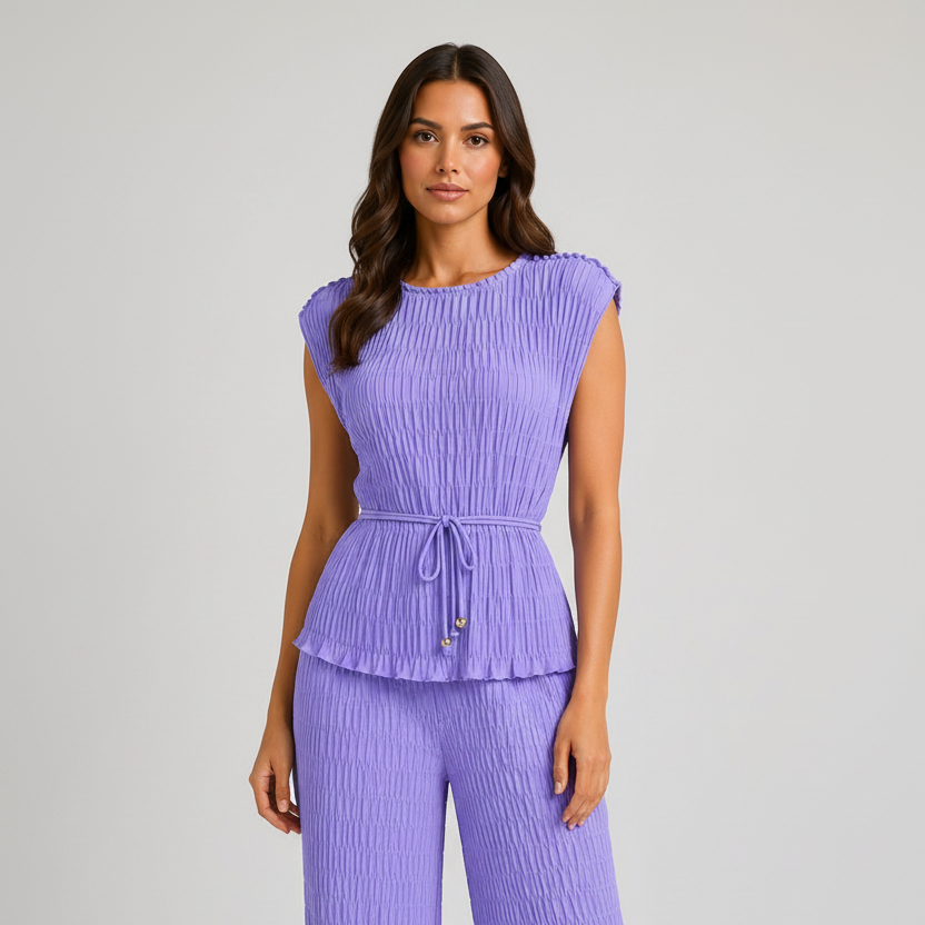 Made in Italy luxury textured two-piece lounge set with pleated crinkle fabric, sleeveless top and wide-leg trousers.