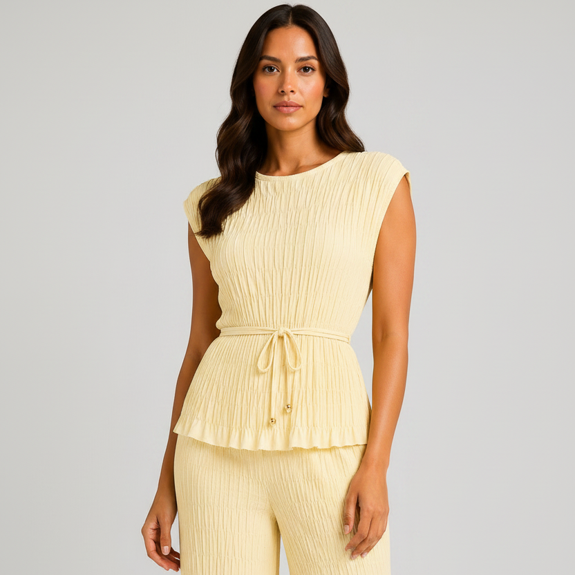 Made in Italy luxury textured two-piece lounge set with pleated crinkle fabric, sleeveless top and wide-leg trousers.