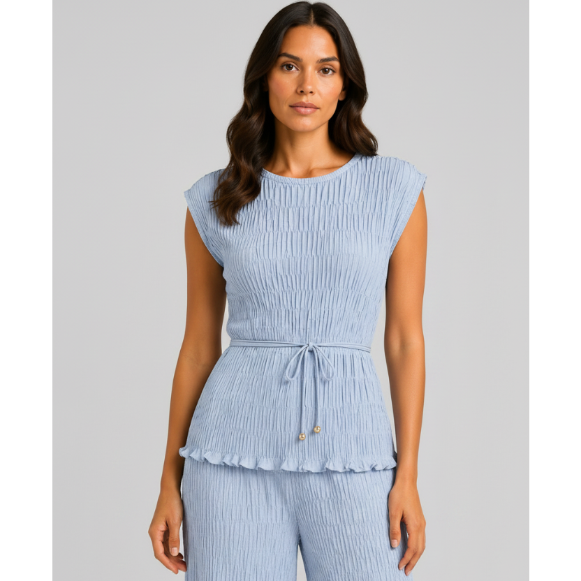 Made in Italy luxury textured two-piece lounge set with pleated crinkle fabric, sleeveless top and wide-leg trousers.