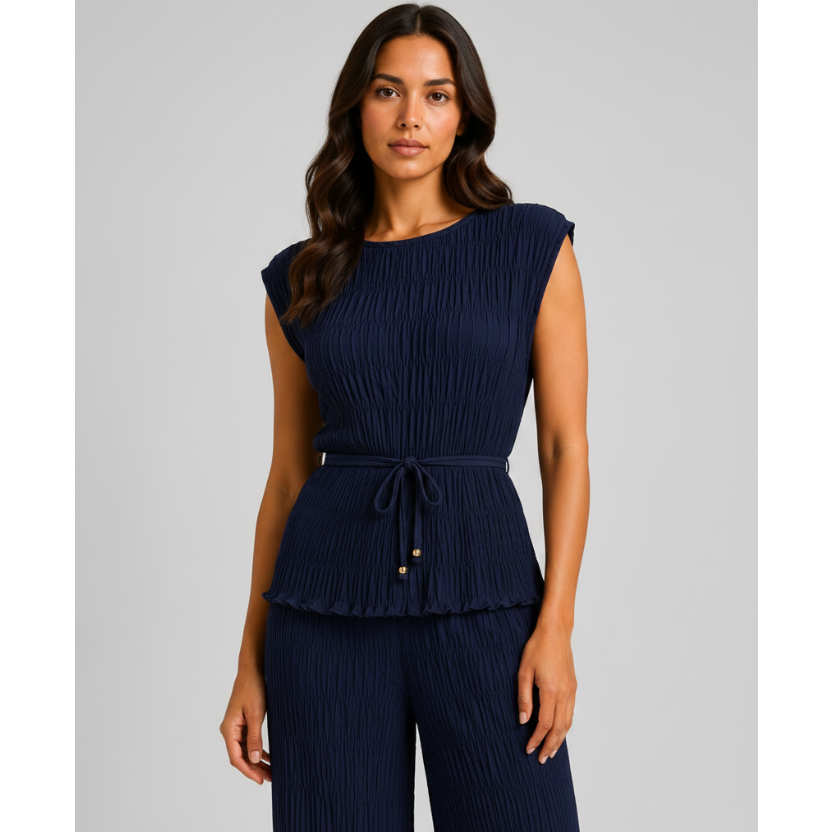 Made in Italy luxury textured two-piece lounge set with pleated crinkle fabric, sleeveless top and wide-leg trousers.