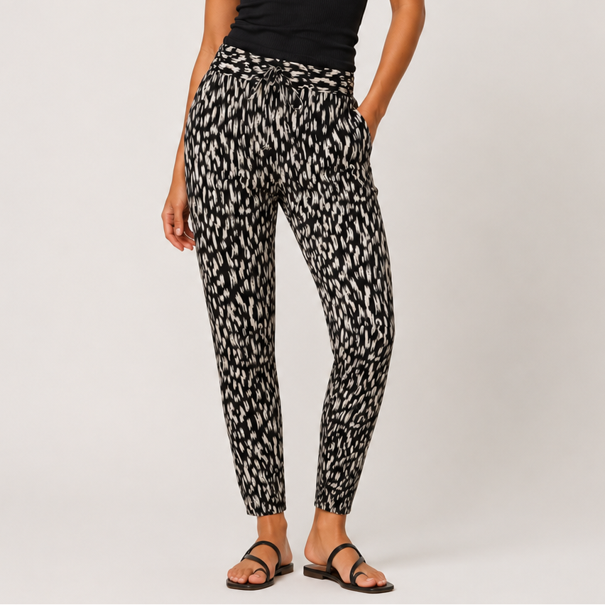 Ladies Black White Flecked Print Summer Trousers Lightweight Casual Pants