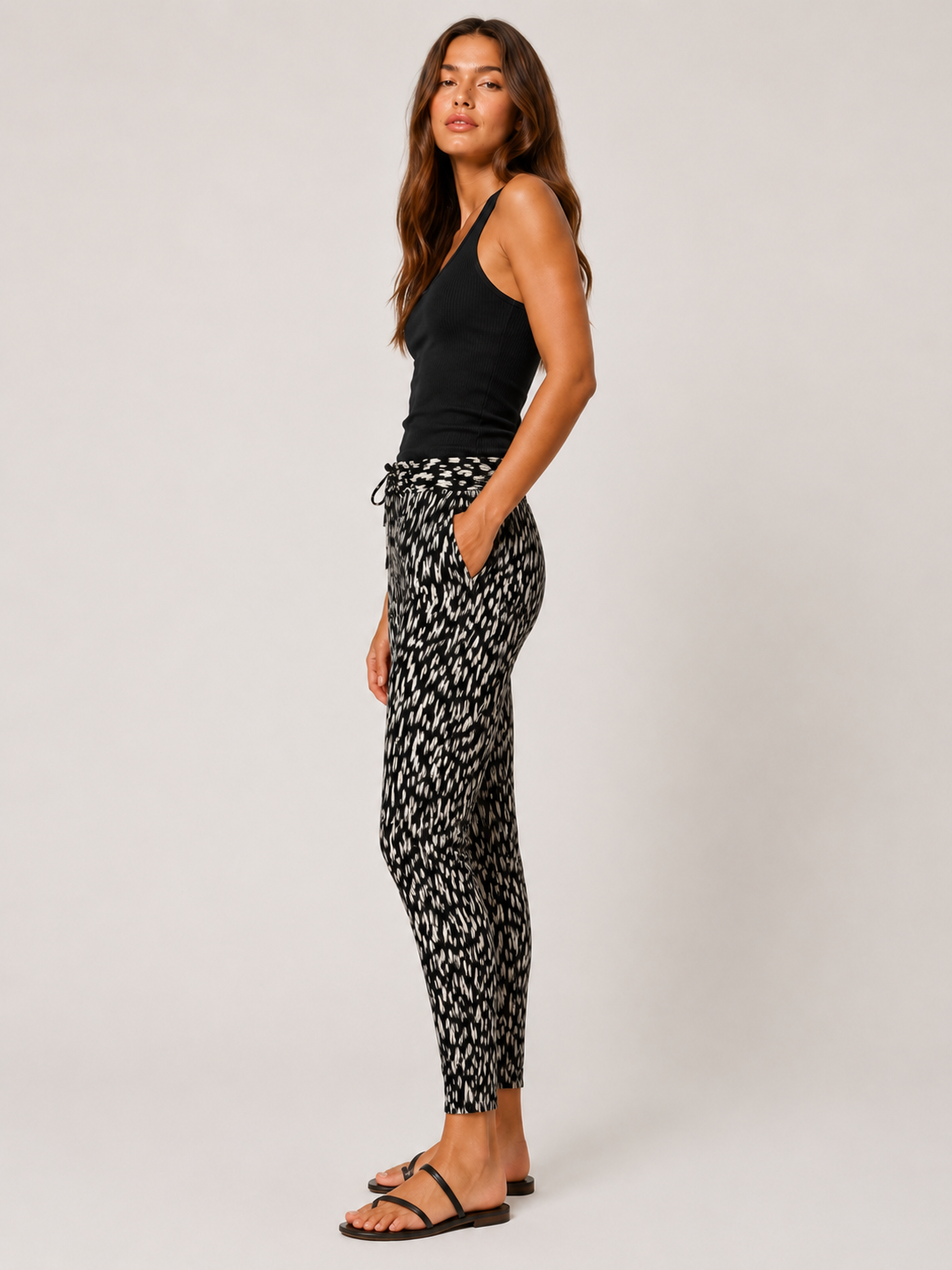 Ladies Black White Flecked Print Summer Trousers Lightweight Casual Pants