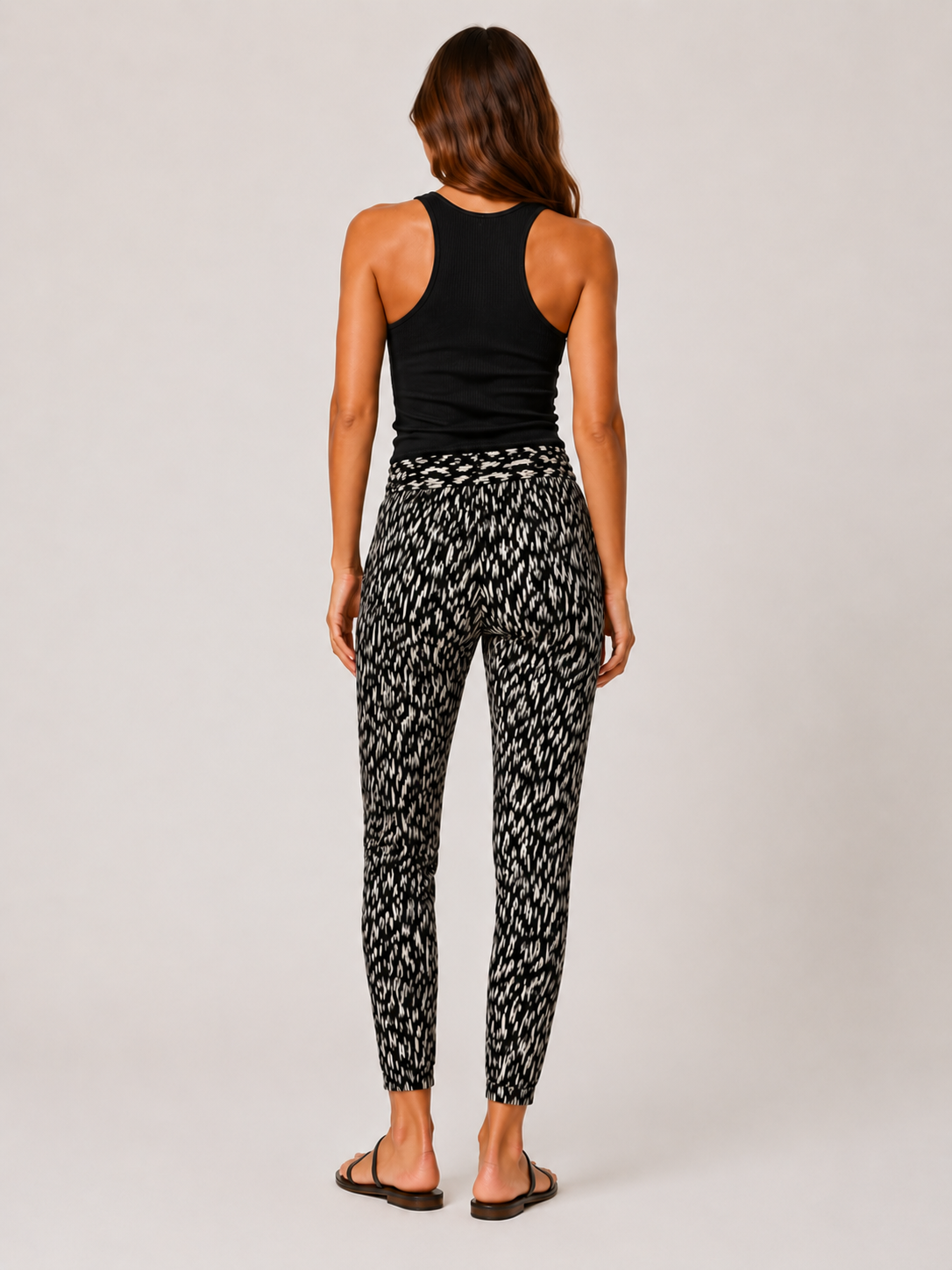 Ladies Black White Flecked Print Summer Trousers Lightweight Casual Pants