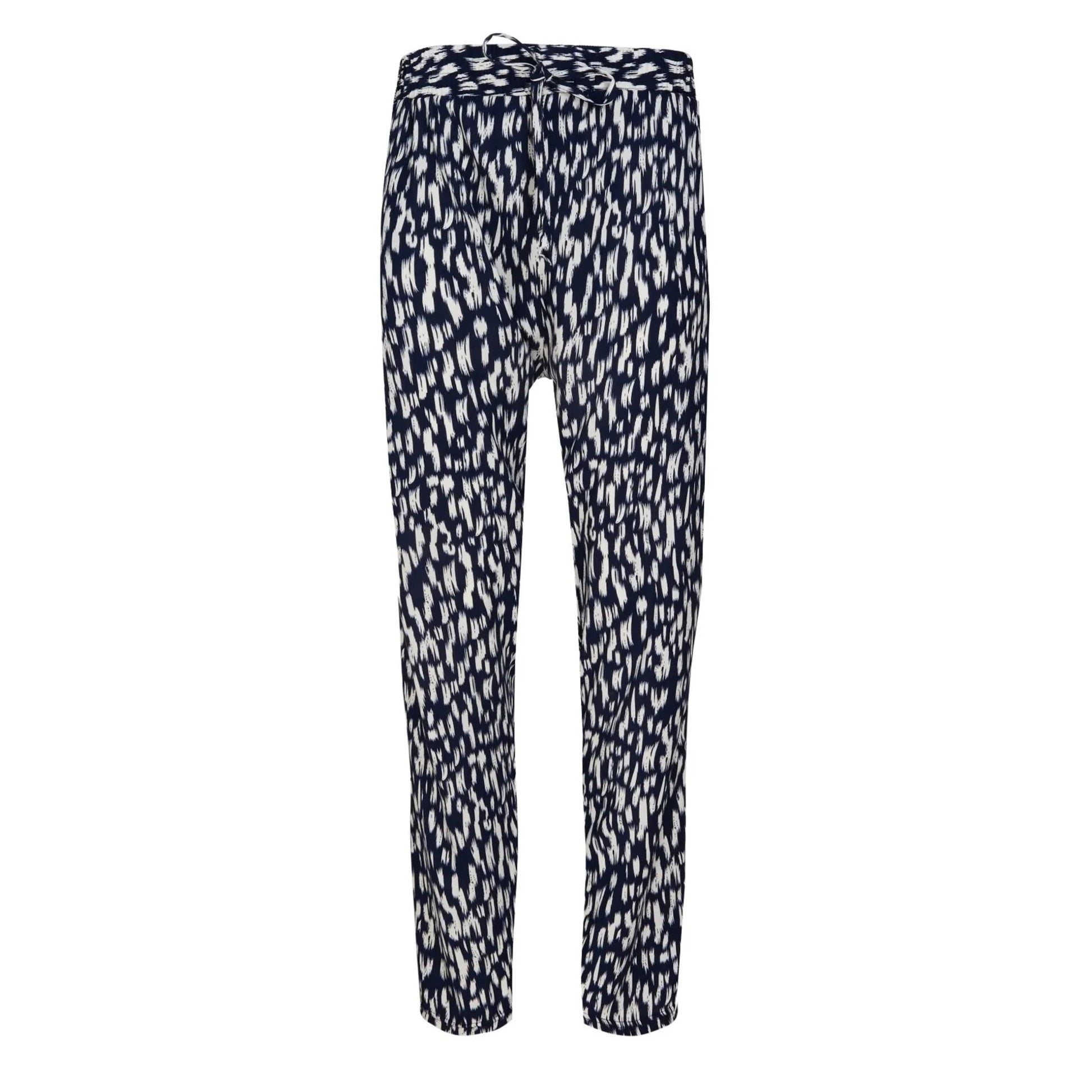 Ladies Navy White Flecked Print Summer Trousers Lightweight Casual Pants