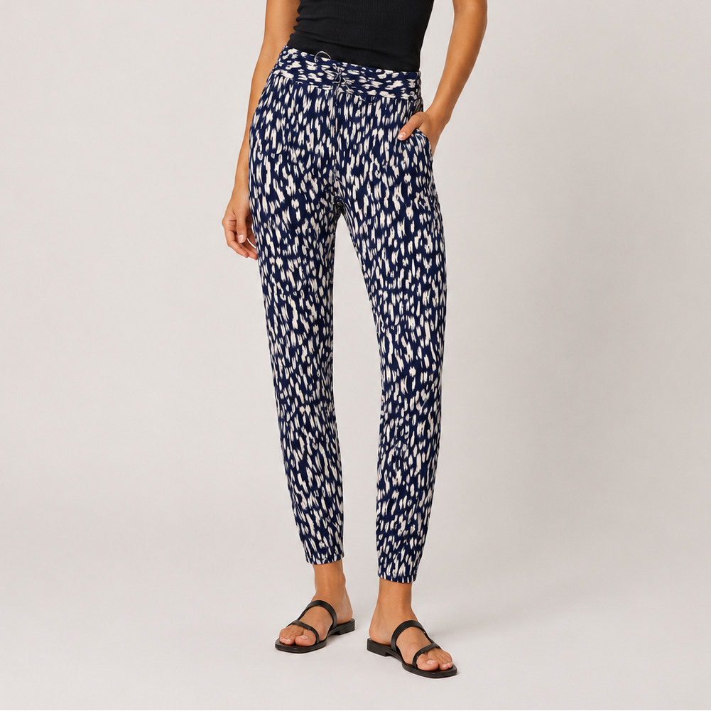 Ladies Navy White Flecked Print Summer Trousers Lightweight Casual Pants