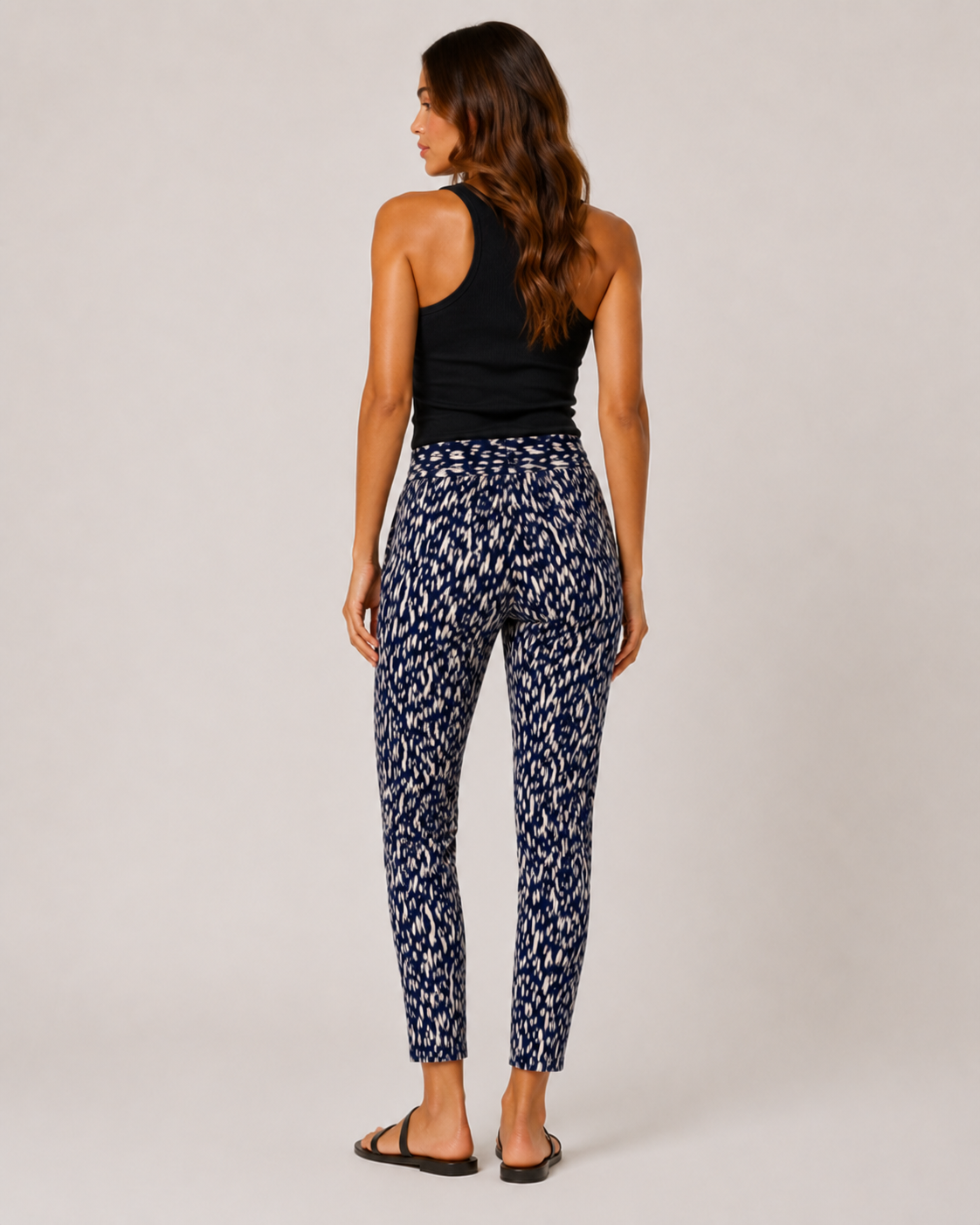 Ladies Navy White Flecked Print Summer Trousers Lightweight Casual Pants