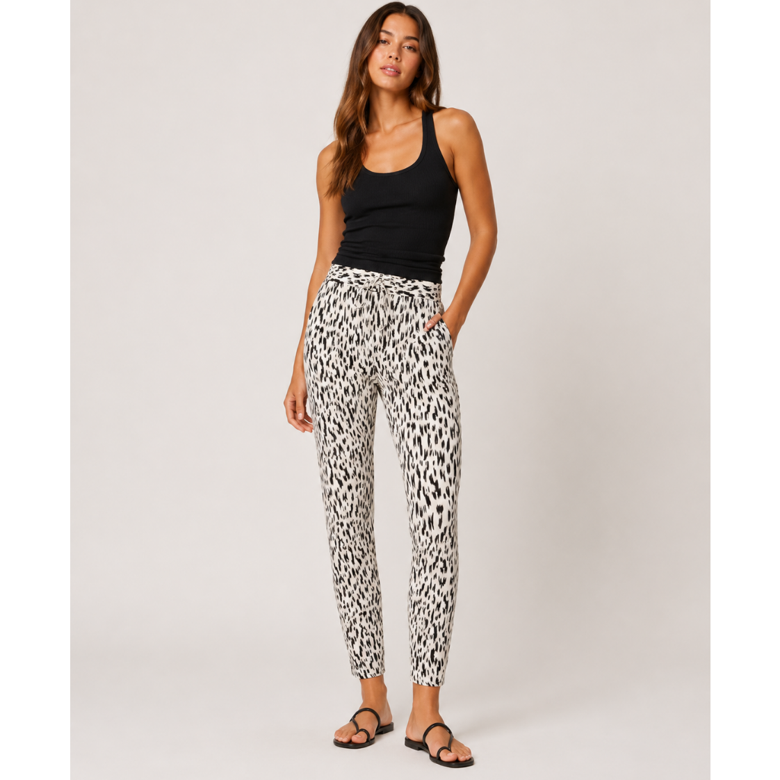 Ladies White Black Flecked Print Summer Trousers Lightweight Casual Pants