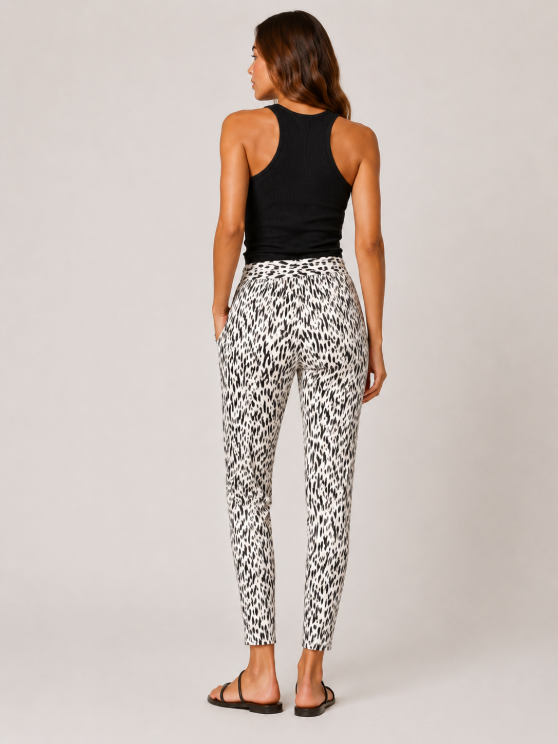 Ladies White Black Flecked Print Summer Trousers Lightweight Casual Pants