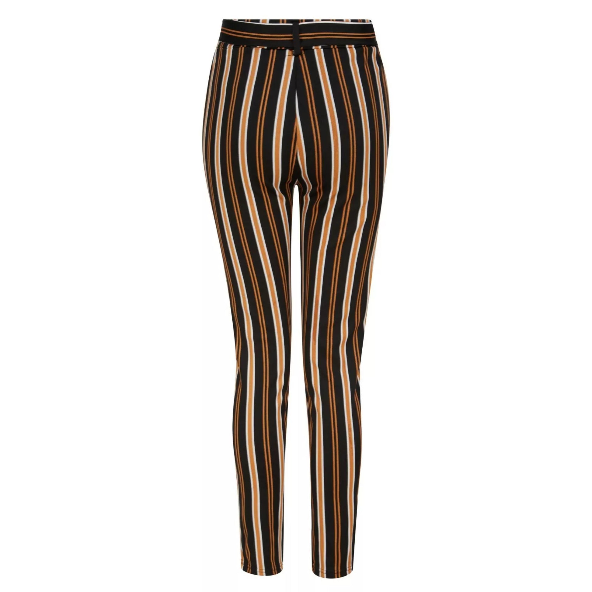 Women's high-waisted belted trousers in black with vertical tan, white, and orange stripes, featuring a tie-front waist and slim fit.