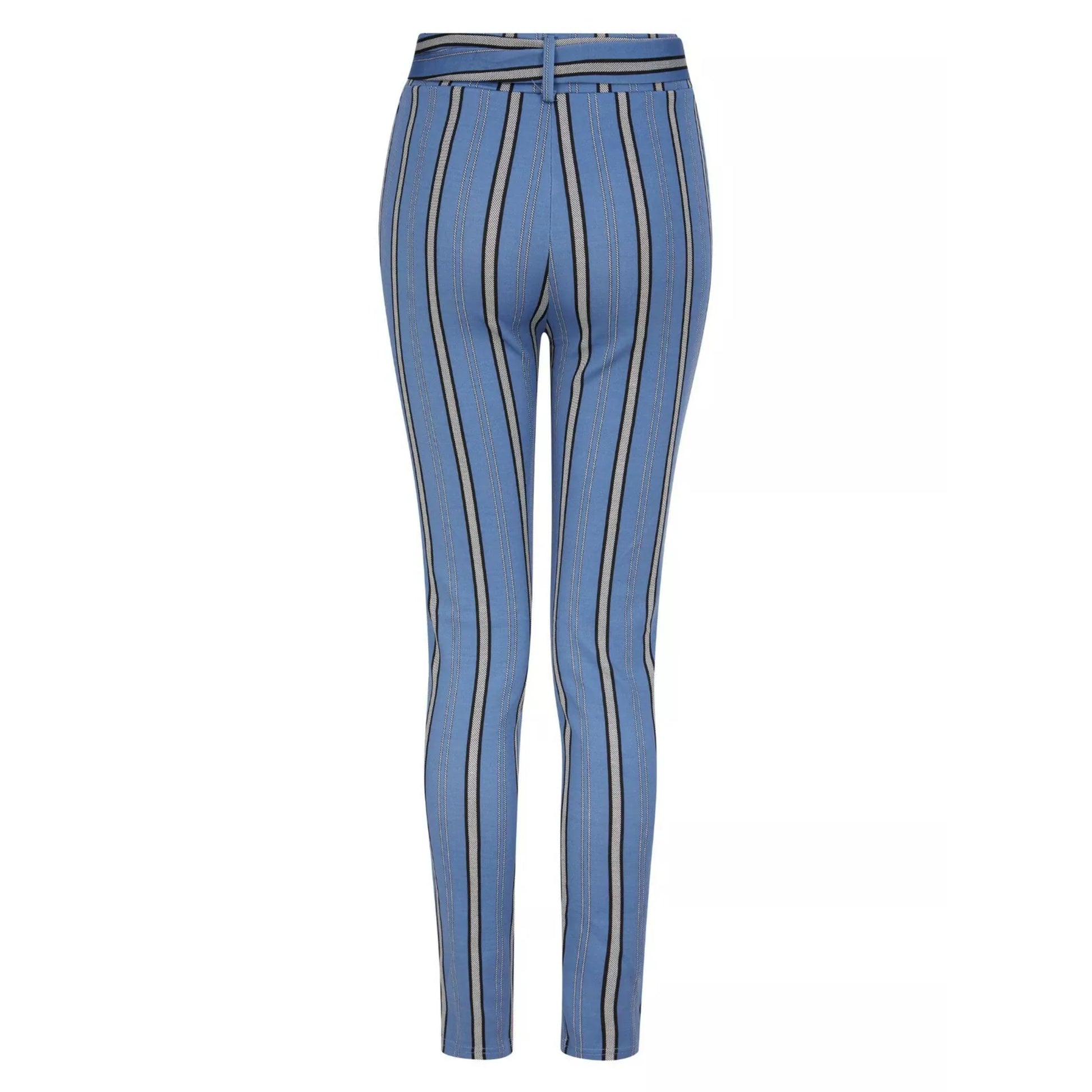 Women's high-waisted belted trousers in blue with vertical black and white stripes, featuring a tie-front waist and slim fit.