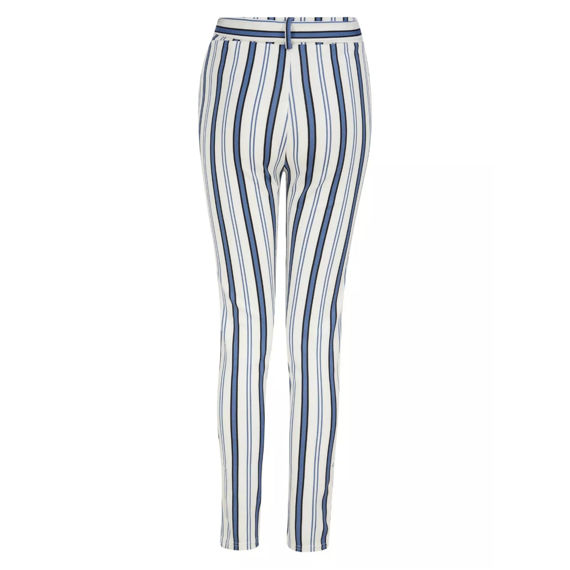 Women's high-waisted belted trousers in white with vertical navy stripes, featuring a tie-front waist and slim fit.