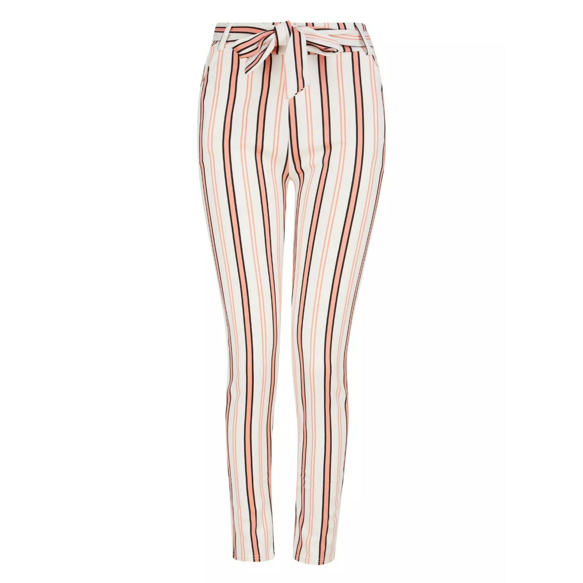 Women's high-waisted belted trousers in white with vertical black and pink stripes, featuring a tie-front waist and slim fit.