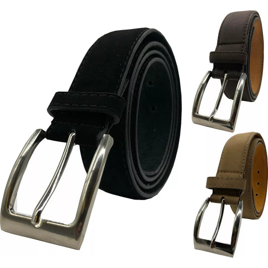 Men's real leather belt in black, brown and tan with silver buckle – classic durable accessory for jeans, trousers, or formal wear
