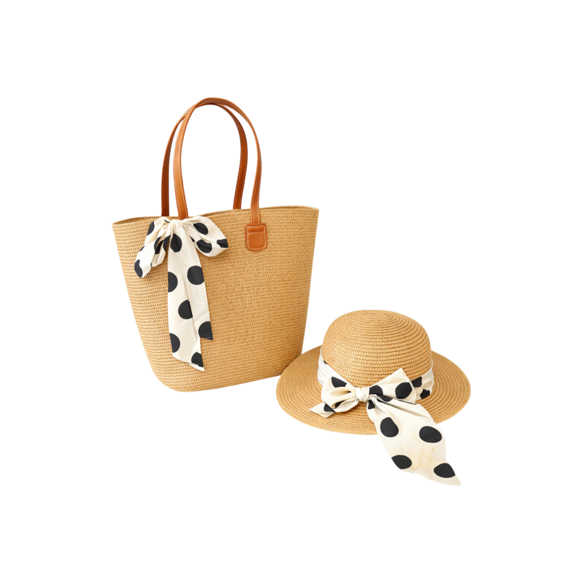 Women's summer straw hat and matching tote bag set in pastel colours for beach and holiday outfits