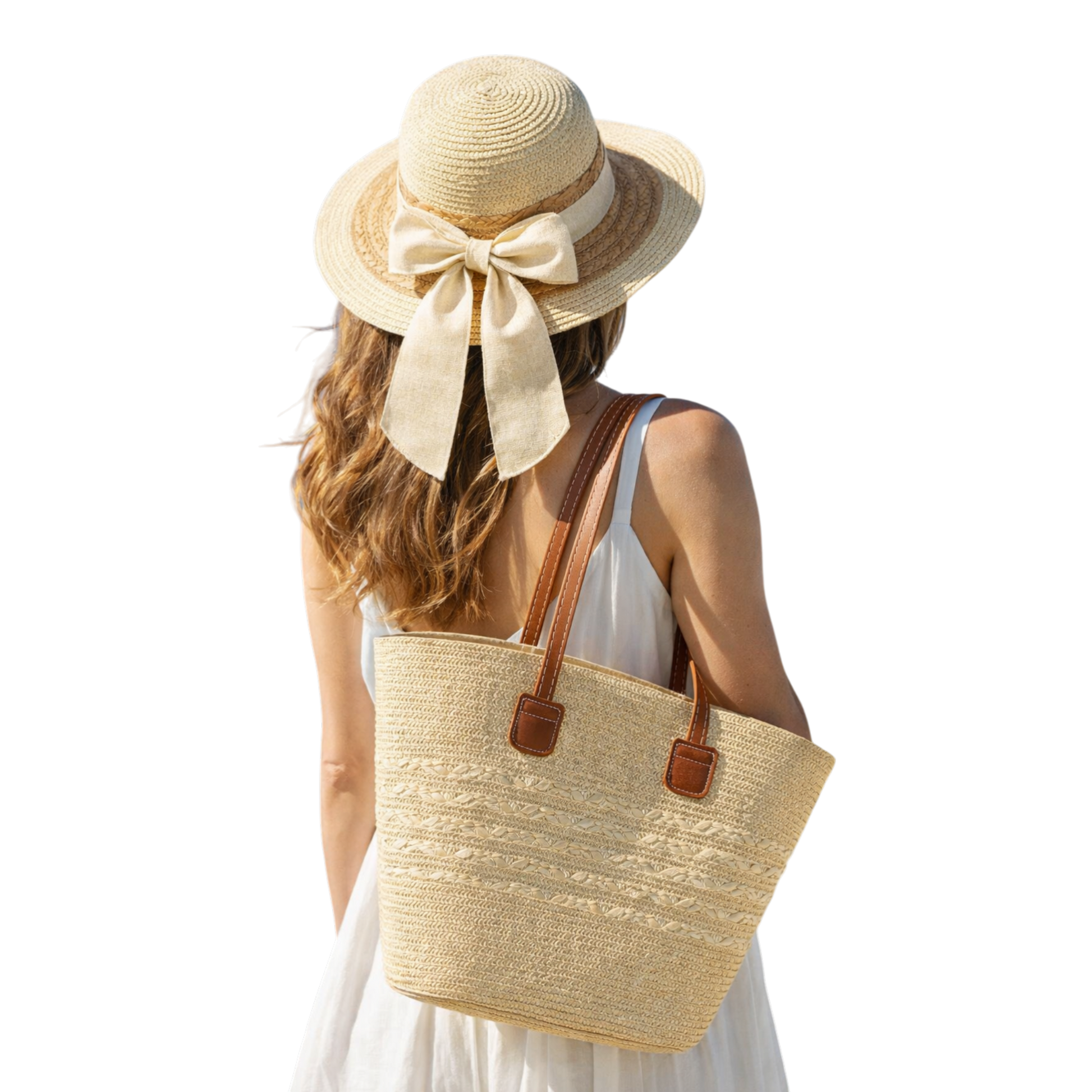 Women's summer straw hat and matching tote bag set in pastel colours for beach and holiday outfits
