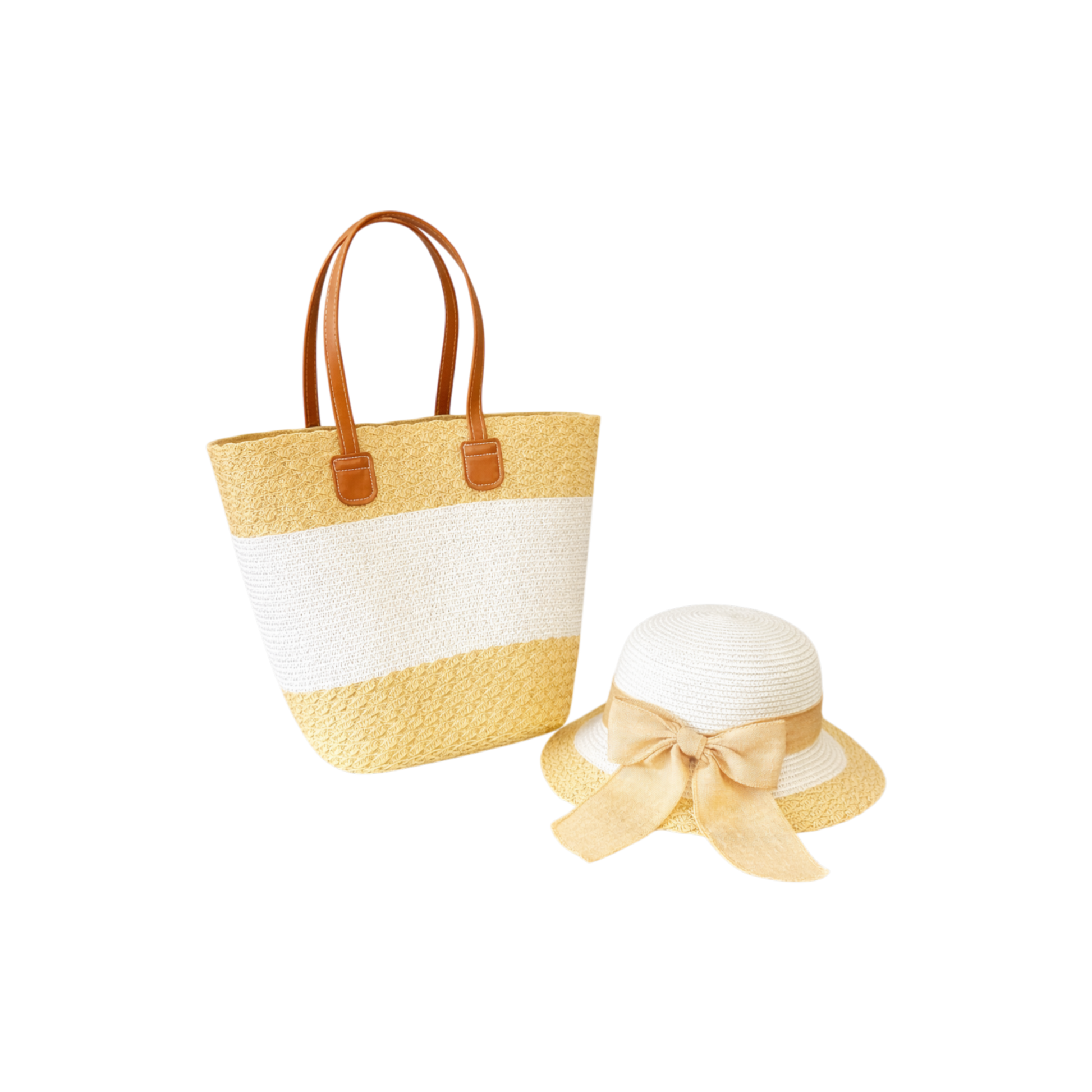 Women's summer straw hat and matching tote bag set in pastel colours for beach and holiday outfits