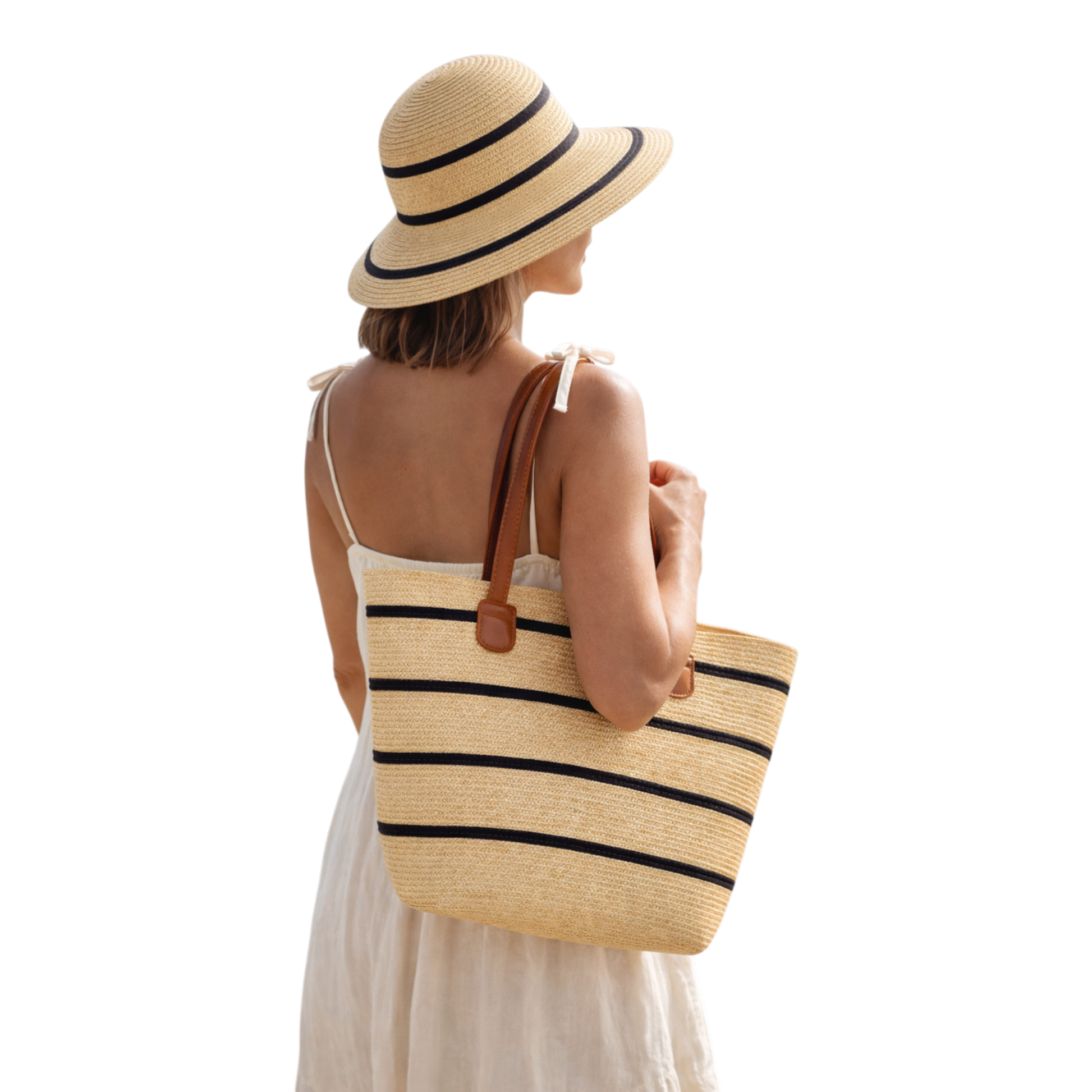 Women's summer straw hat and matching tote bag set in pastel colours for beach and holiday outfits