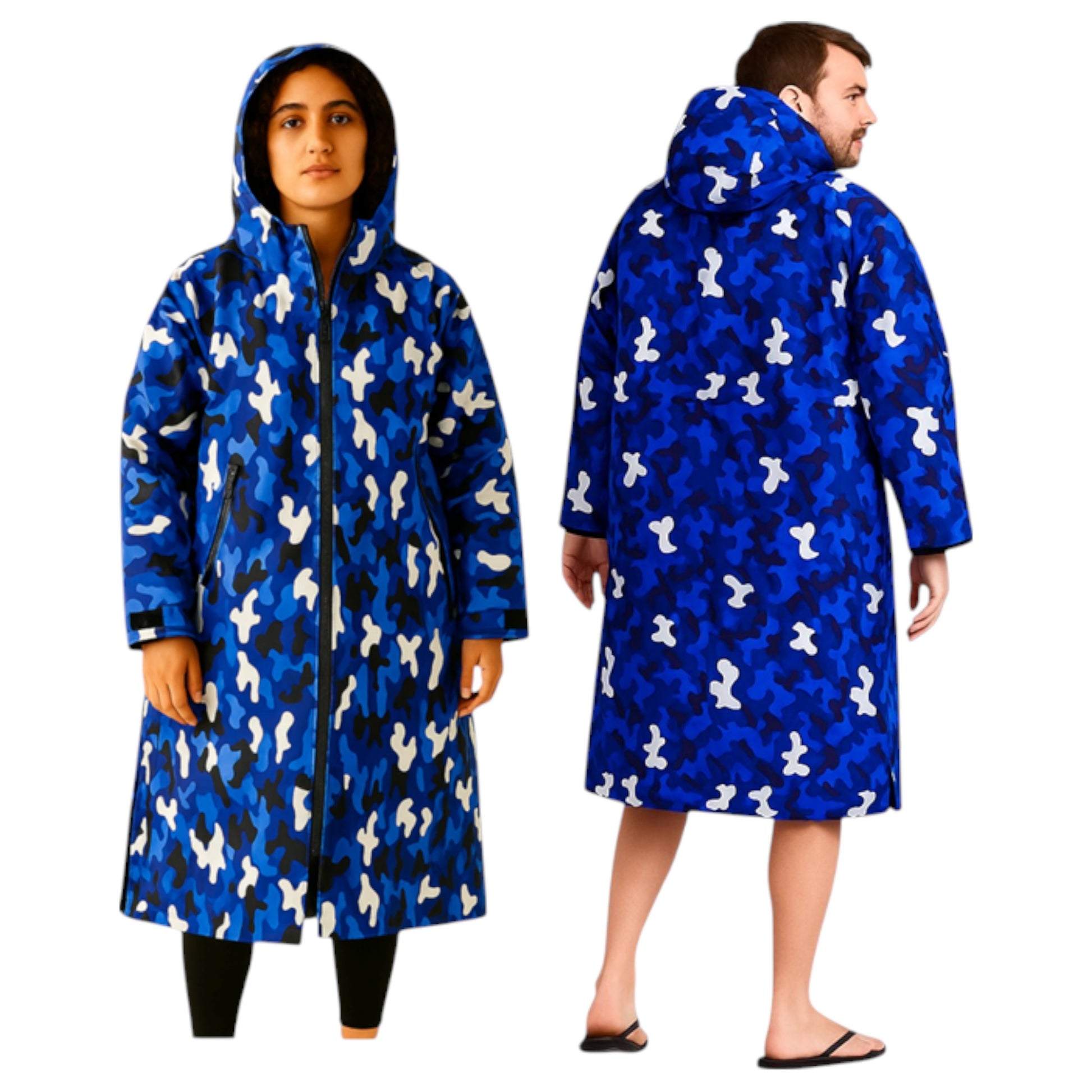 Adult blue camouflage waterproof changing robe with hood, front zip, and long sleeves