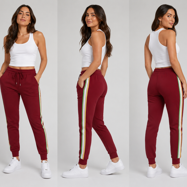 Ladies Fully Lined Contrast Stripe Joggers (Burgundy)