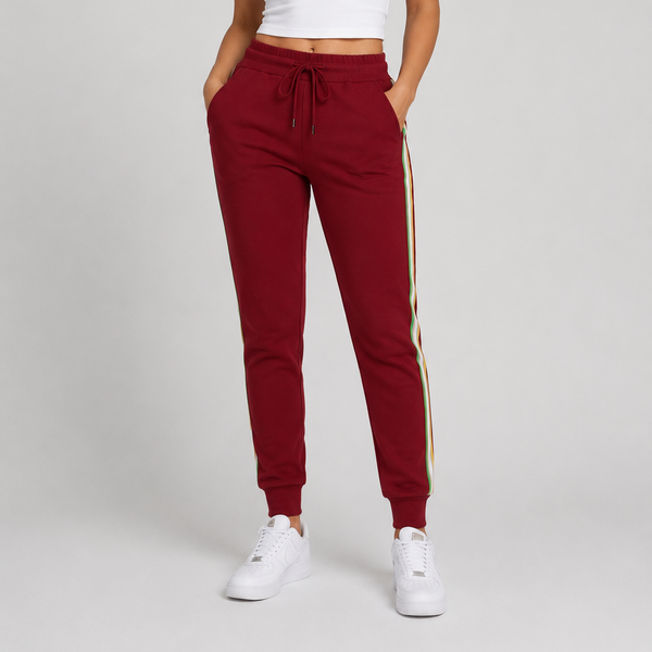 Ladies Fully Lined Contrast Stripe Joggers (Burgundy)