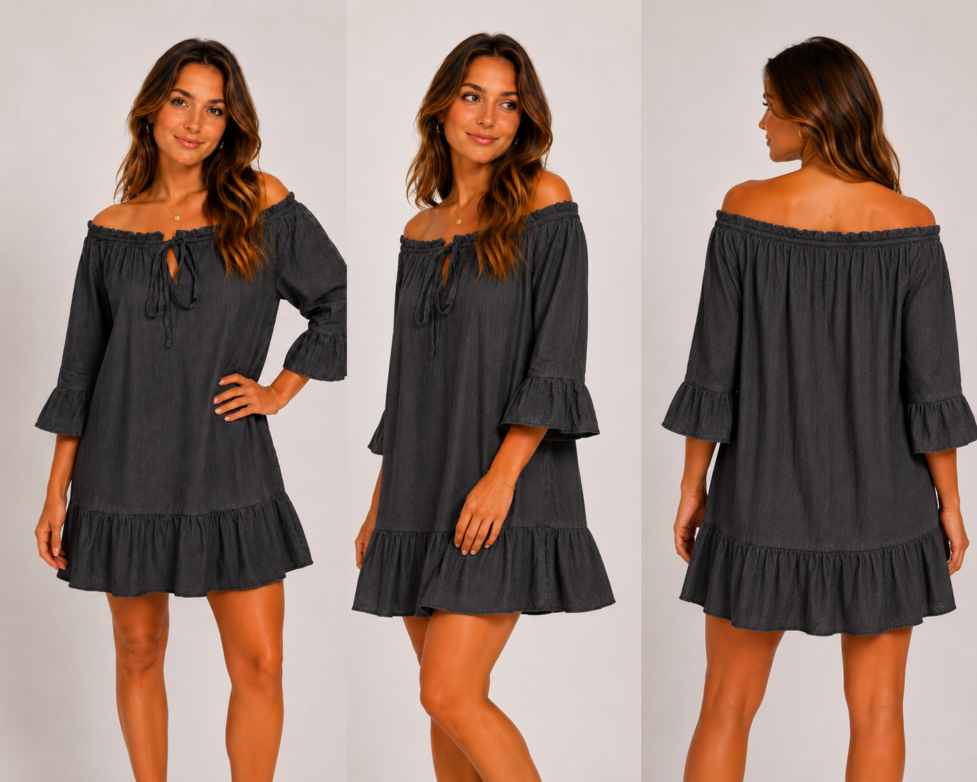 Women's charcoal linen mix off shoulder smock dress with tie neckline, 3/4 frill sleeves and ruffle hem