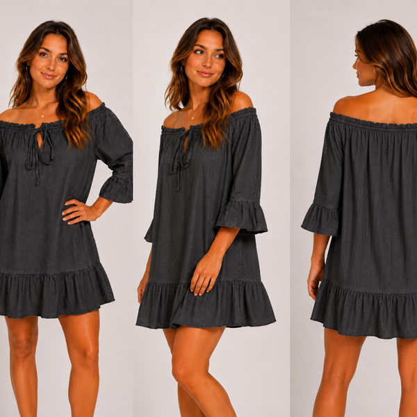 Ladies Linen Mix 3/4 Sleeve Dress Top (Charcoal)