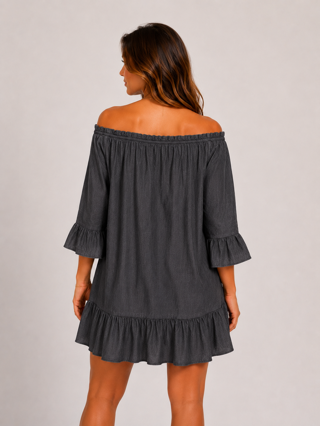 Women's charcoal linen mix off shoulder smock dress with tie neckline, 3/4 frill sleeves and ruffle hem