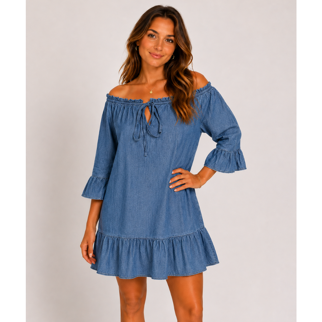 Women's dark blue linen mix off shoulder smock dress with tie neckline, 3/4 frill sleeves and ruffle hem