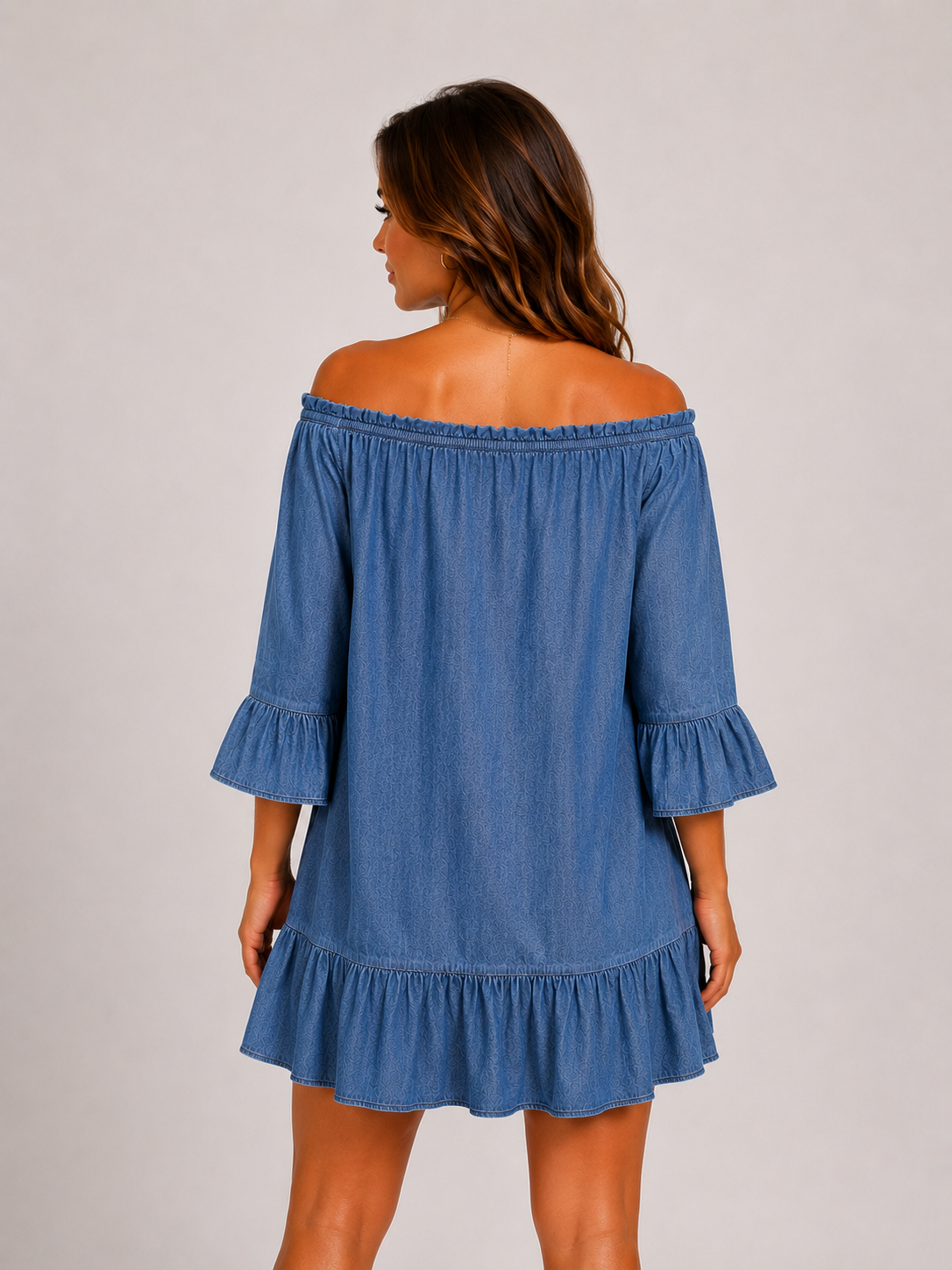 Women's dark blue linen mix off shoulder smock dress with tie neckline, 3/4 frill sleeves and ruffle hem