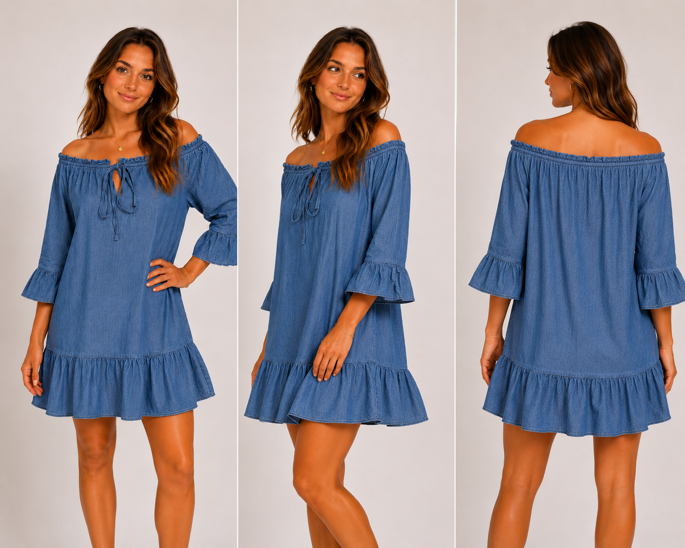 Women's dark blue linen mix off shoulder smock dress with tie neckline, 3/4 frill sleeves and ruffle hem