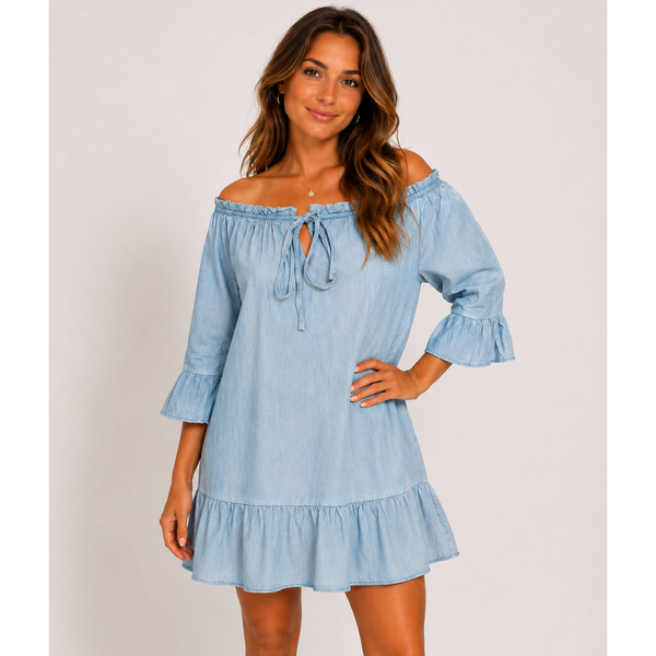 Ladies Linen Mix 3/4 Sleeve Dress Top (Light Denim)