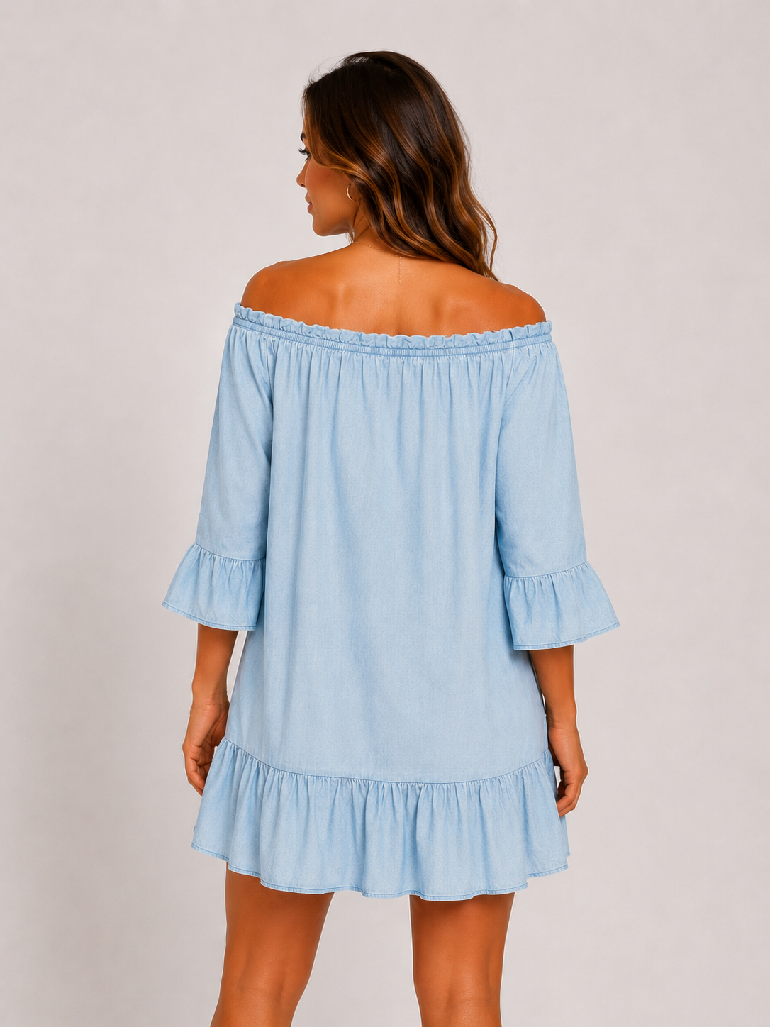 Women's light blue linen mix off shoulder smock dress with tie neckline, 3/4 frill sleeves and ruffle hem