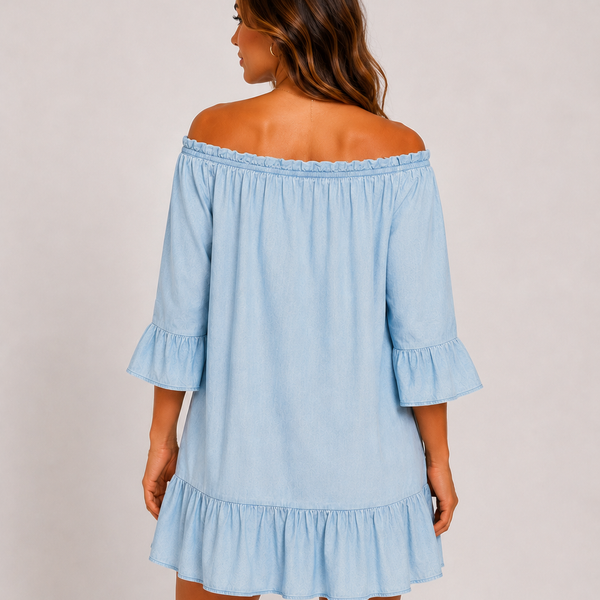 Ladies Linen Mix 3/4 Sleeve Dress Top (Light Denim)