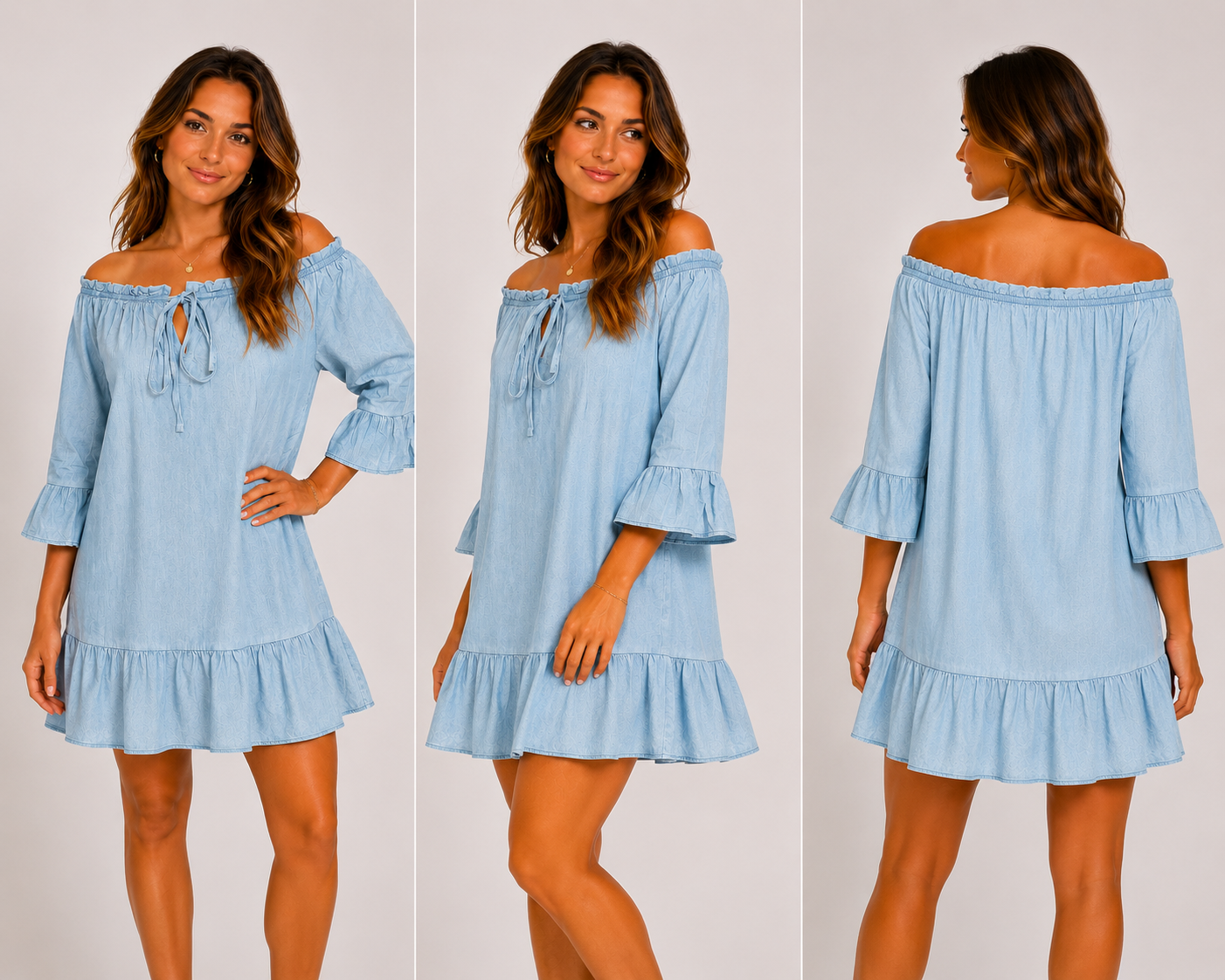 Women's light blue linen mix off shoulder smock dress with tie neckline, 3/4 frill sleeves and ruffle hem