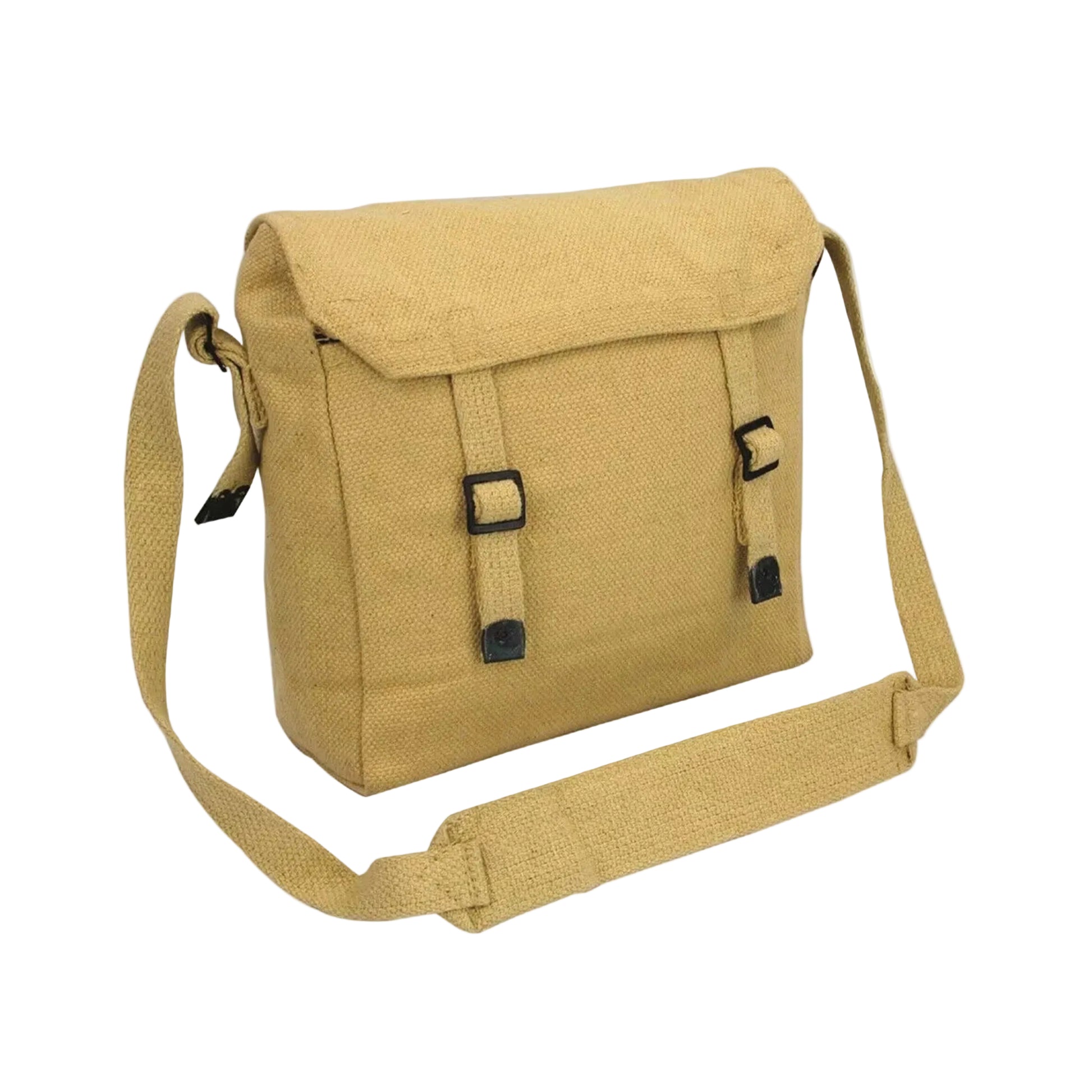Canvas army military style shoulder bag with adjustable strap and buckle fastening in beige