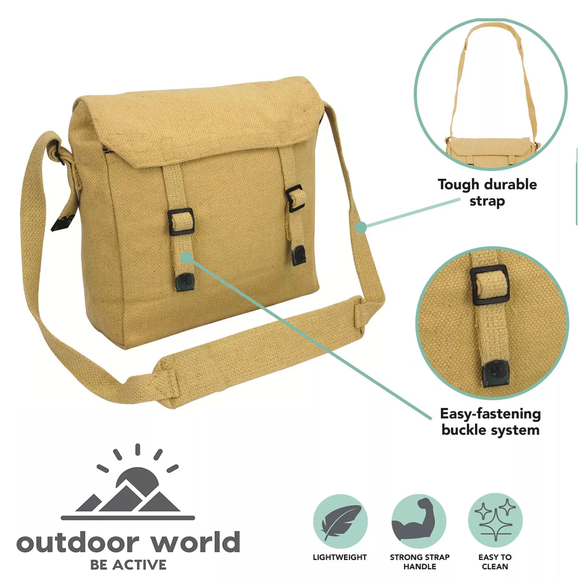 Canvas army military style shoulder bag with adjustable strap and buckle fastening in beige