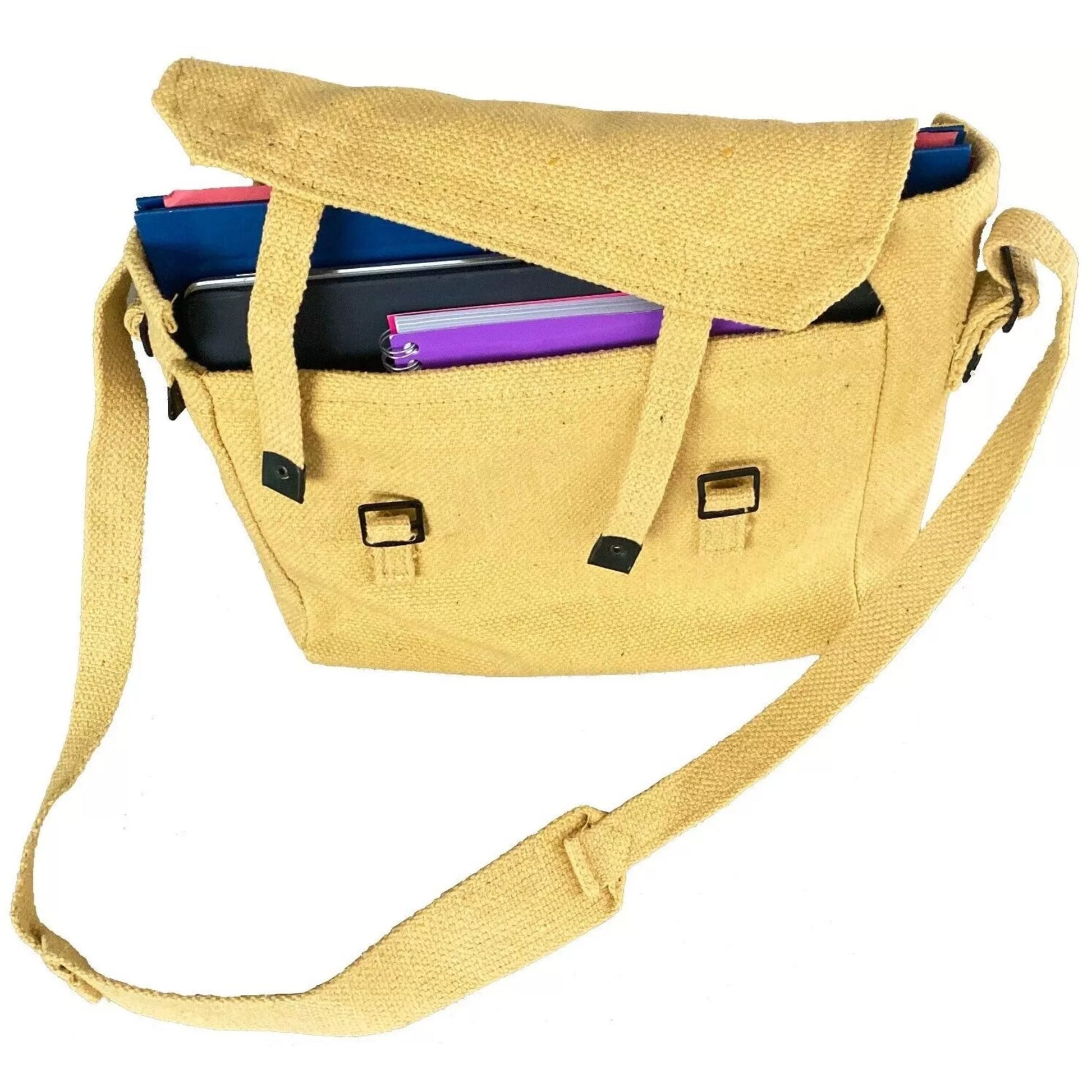 Canvas army military style shoulder bag with adjustable strap and buckle fastening in beige