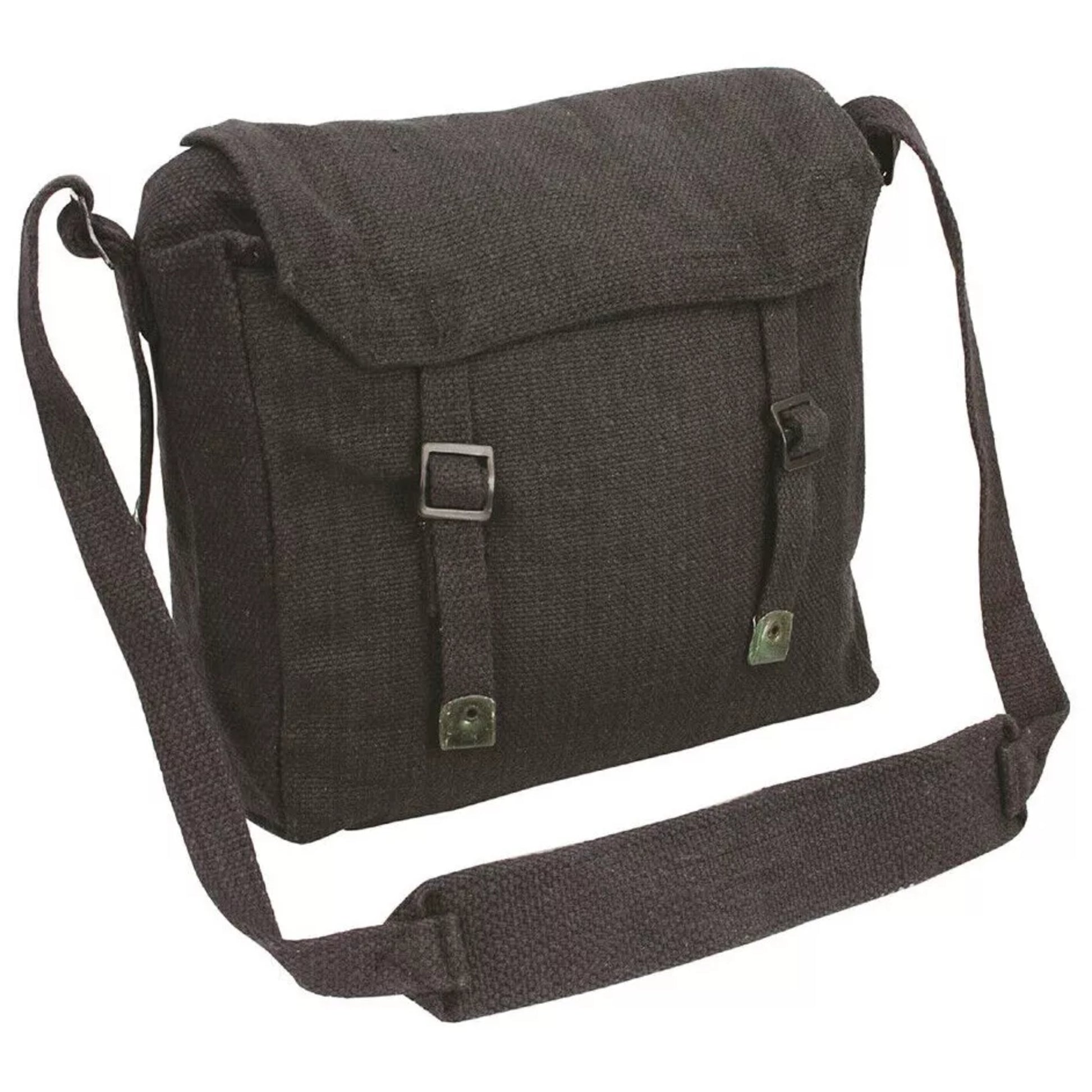 Canvas army military style shoulder bag with adjustable strap and buckle fastening in black