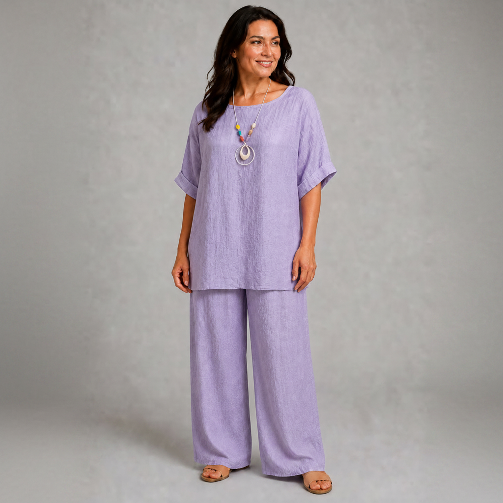 Lilac women’s co-ord set with a relaxed longline top, wide-leg trousers and coordinating statement pendant necklace.