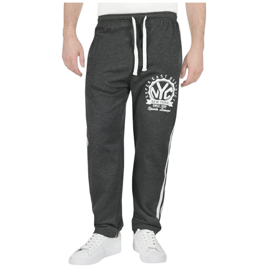 Men's charcoal joggers with NYC logo, Super East District print, elasticated waist with white drawstring, side stripe detail, casual loungewear trousers