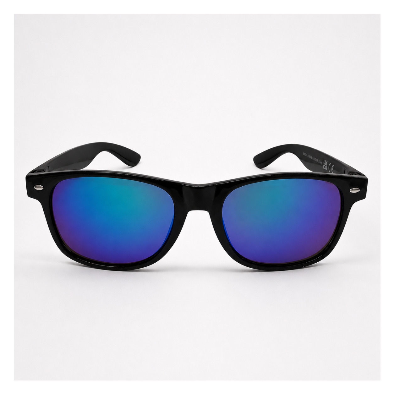 Black UV400 sunglasses with blue mirror lenses and classic black frame, featuring Category 3 strong sunlight protection