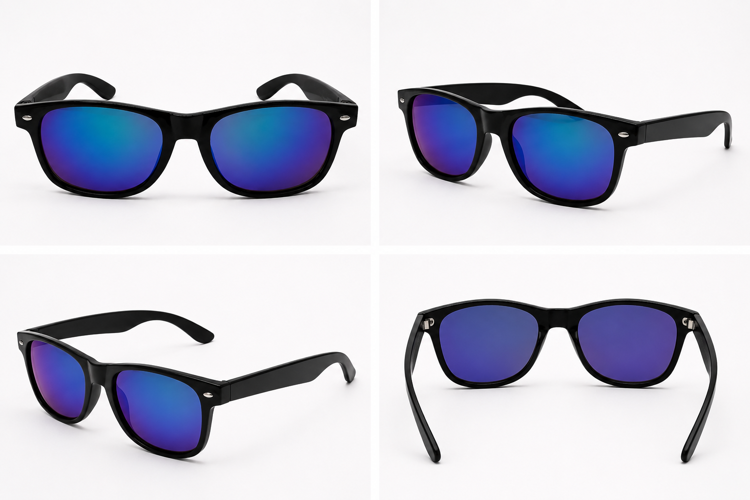 Black UV400 sunglasses with blue mirror lenses and classic black frame, featuring Category 3 strong sunlight protection