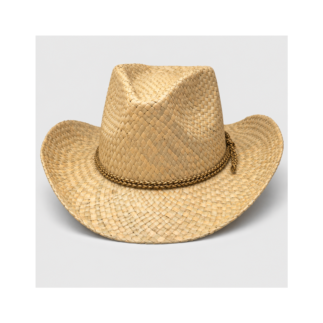 Natural woven straw cowboy hat with braided band, 100% straw, one size fits 58-60cm, lightweight Western festival sun hat for men and women.