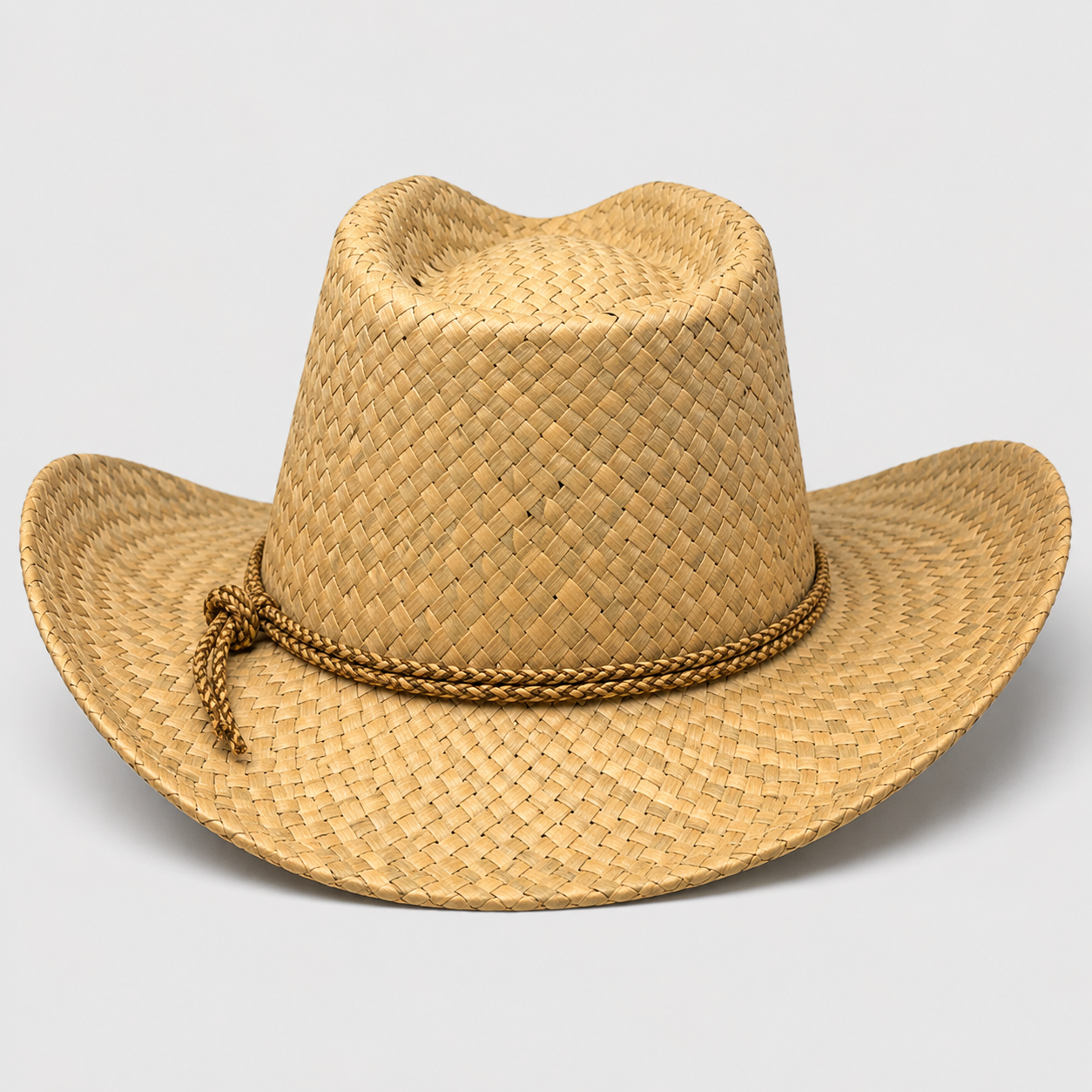 Natural woven straw cowboy hat with braided band, 100% straw, one size fits 58-60cm, lightweight Western festival sun hat for men and women.