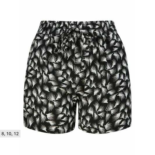 Ladies' black and white 100% cotton shorts with bird feather print, elasticated drawstring waist – lightweight casual summer beach shorts