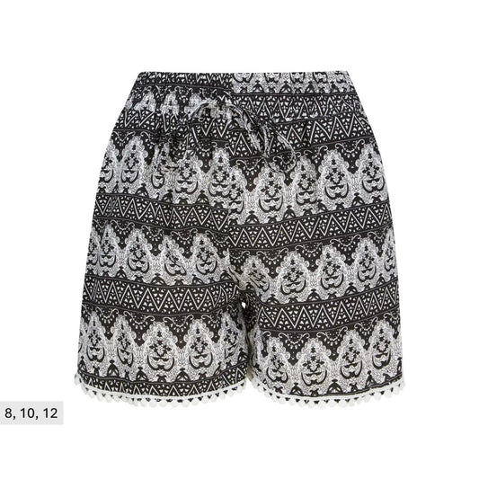 Ladies' black and white 100% cotton boho print shorts with geometric pattern, drawstring waist, and pom-pom hem – lightweight summer holiday shorts