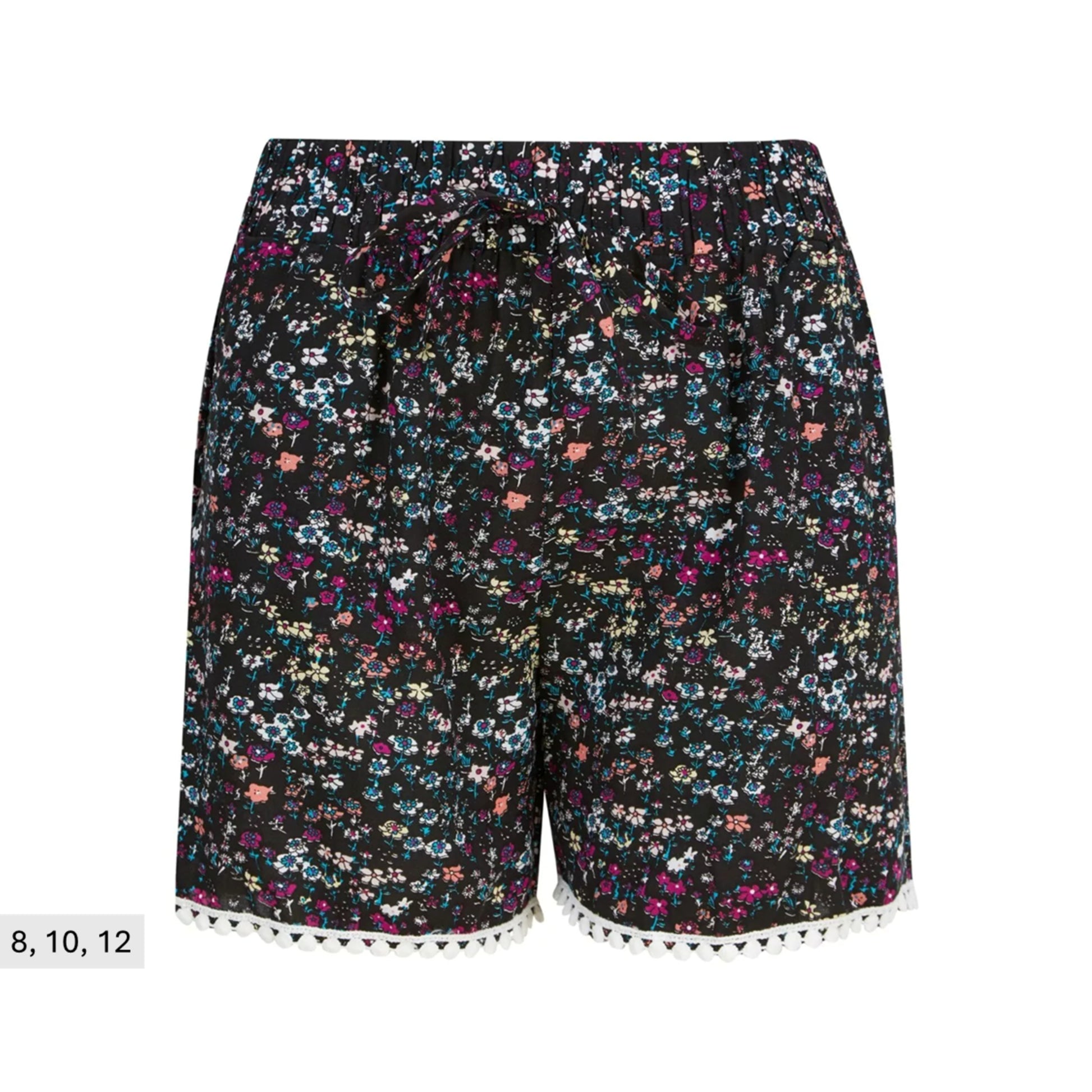 Ladies' black cotton summer shorts with colourful ditsy floral print, drawstring waist, and white pom-pom trim – lightweight casual holiday shorts