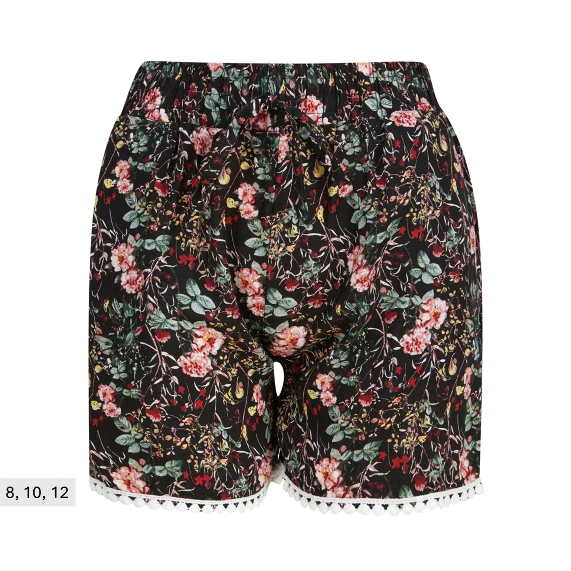 Ladies' black 100% cotton floral print shorts with pink and red flowers, drawstring waist, and pom-pom trim – lightweight casual summer holiday shorts